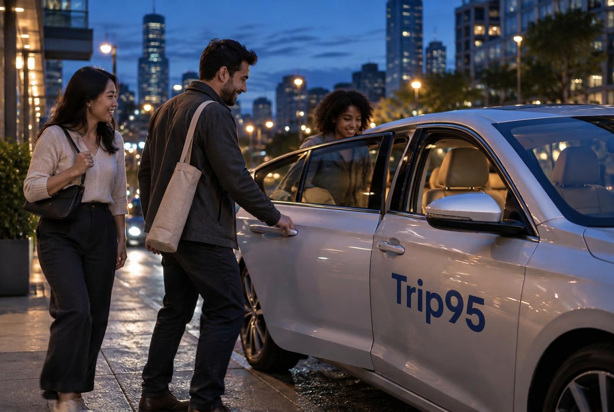 Three riders sharing one Trip95 sedan on a city street at dusk