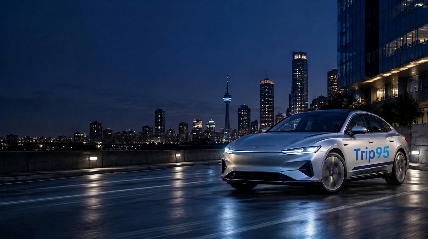 Trip95-branded silver sedan driving past the city skyline at dusk